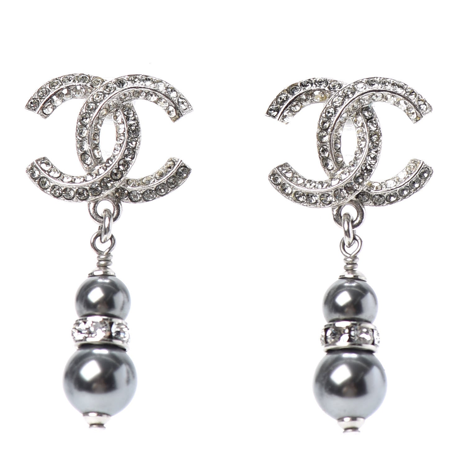 Chanel Crystal Pearl CC Drop Earrings Silver Grey 1 of 4