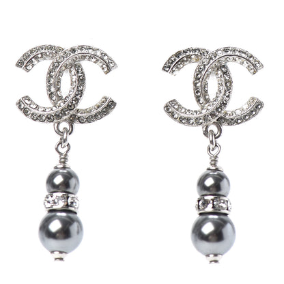 Chanel Crystal Pearl CC Drop Earrings Silver Grey 1 of 4