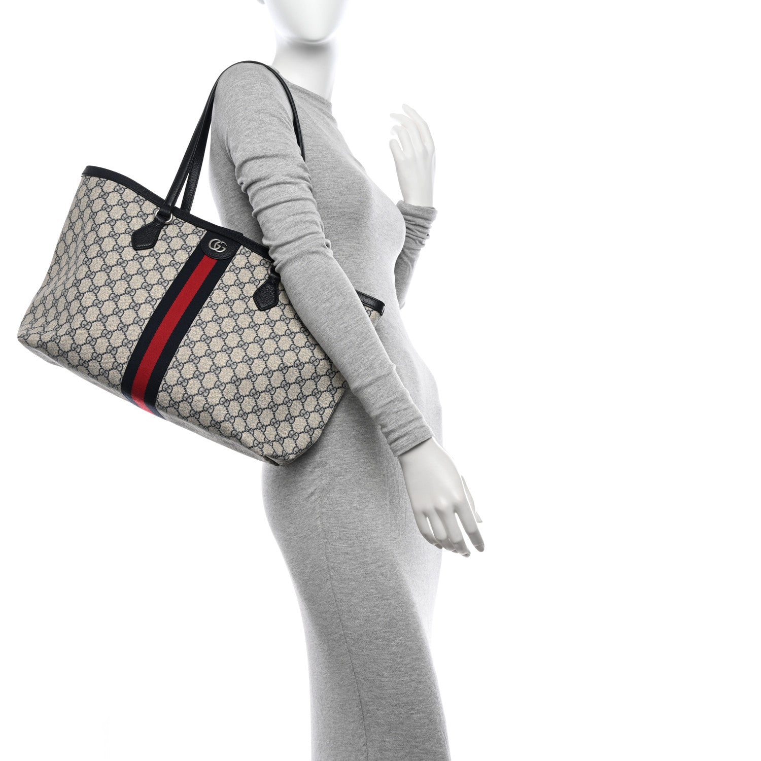 Gucci GG Supreme Monogram Textured Calfskin Web Medium Ophidia Shopping Tote Beige Blue 2 of 12
