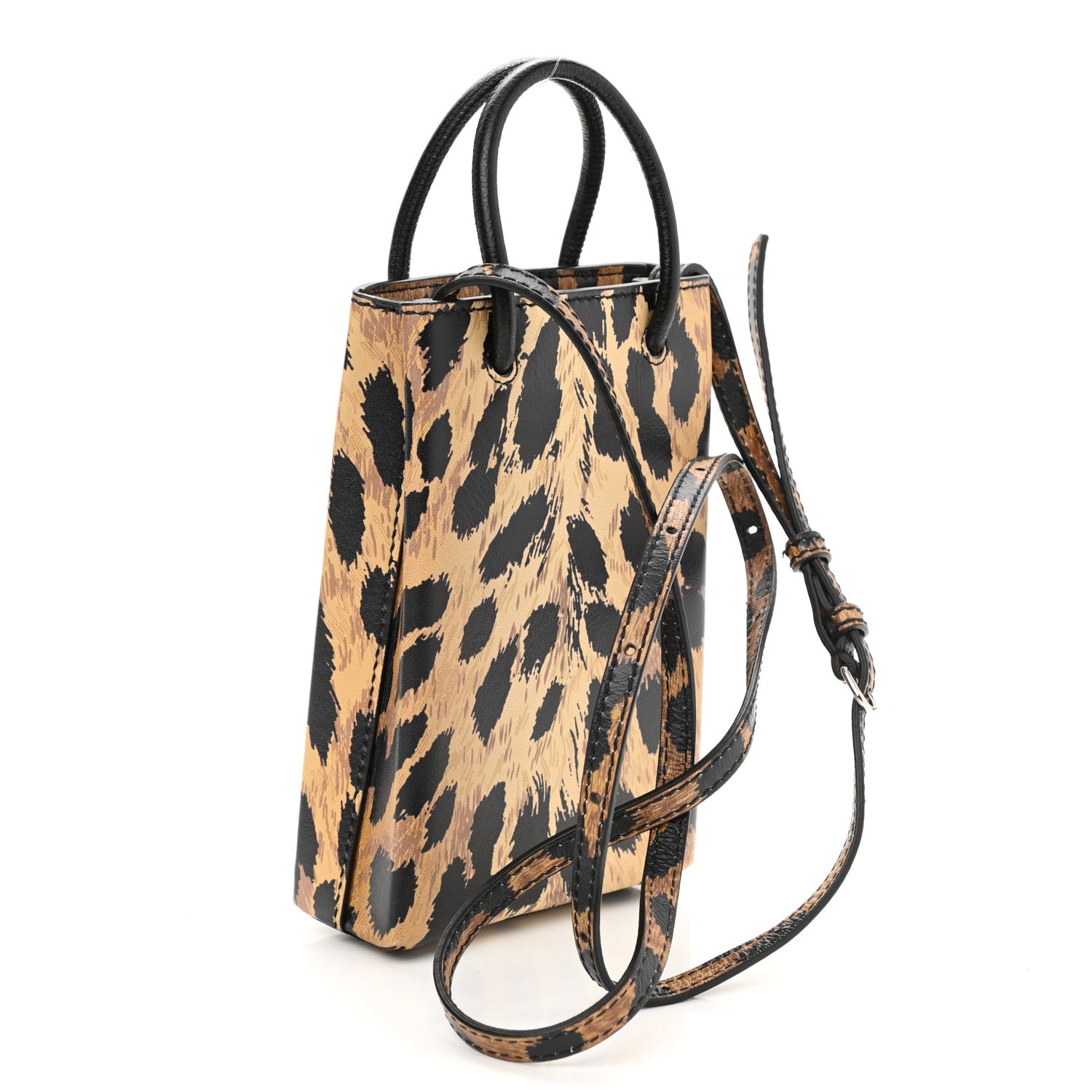 Balenciaga Smooth Calfskin Leopard Print Logo Shopping Phone Holder Bag Beige Black 3 of 9