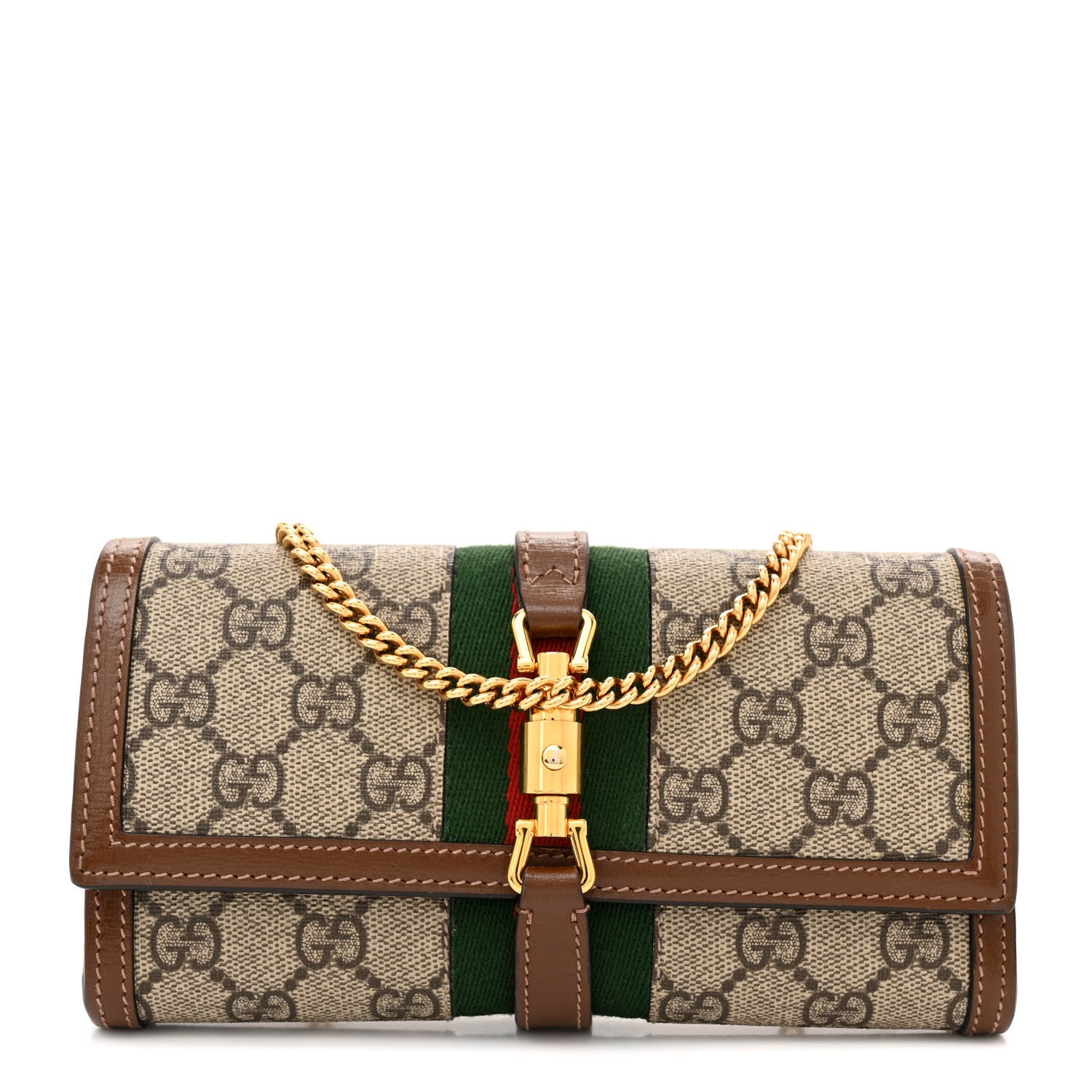 Gucci GG Supreme Monogram Azalea Calfskin Web Jackie 1961 Chain Wallet Beige Ebony Brown Sugar 1 of 12