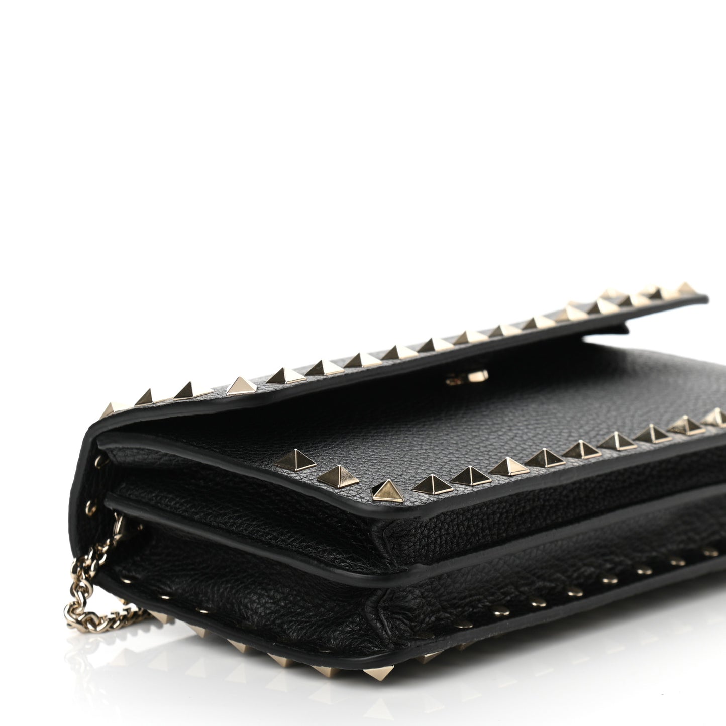 Pebbled Calfskin Rockstud Flap Wallet On Chain Black