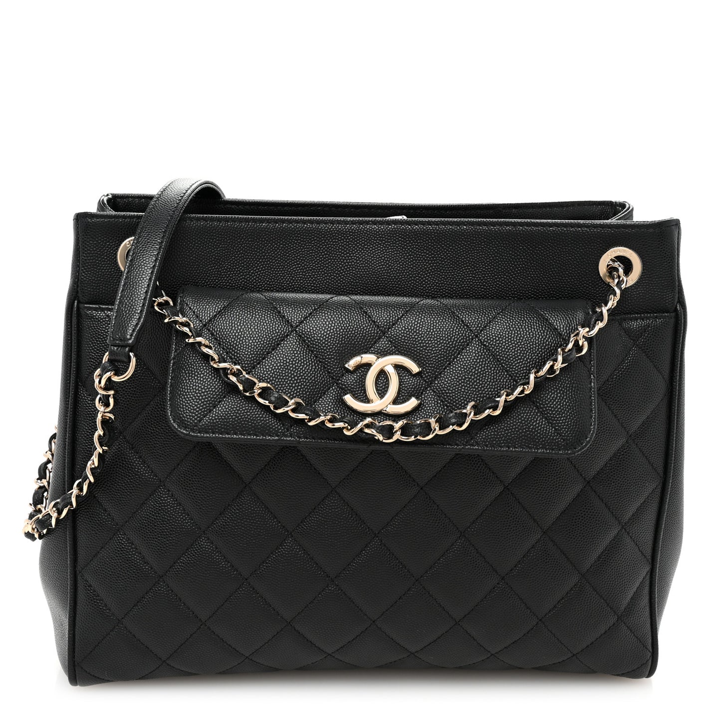 Caviar Quilted In Out Flap Shopping Tote Black