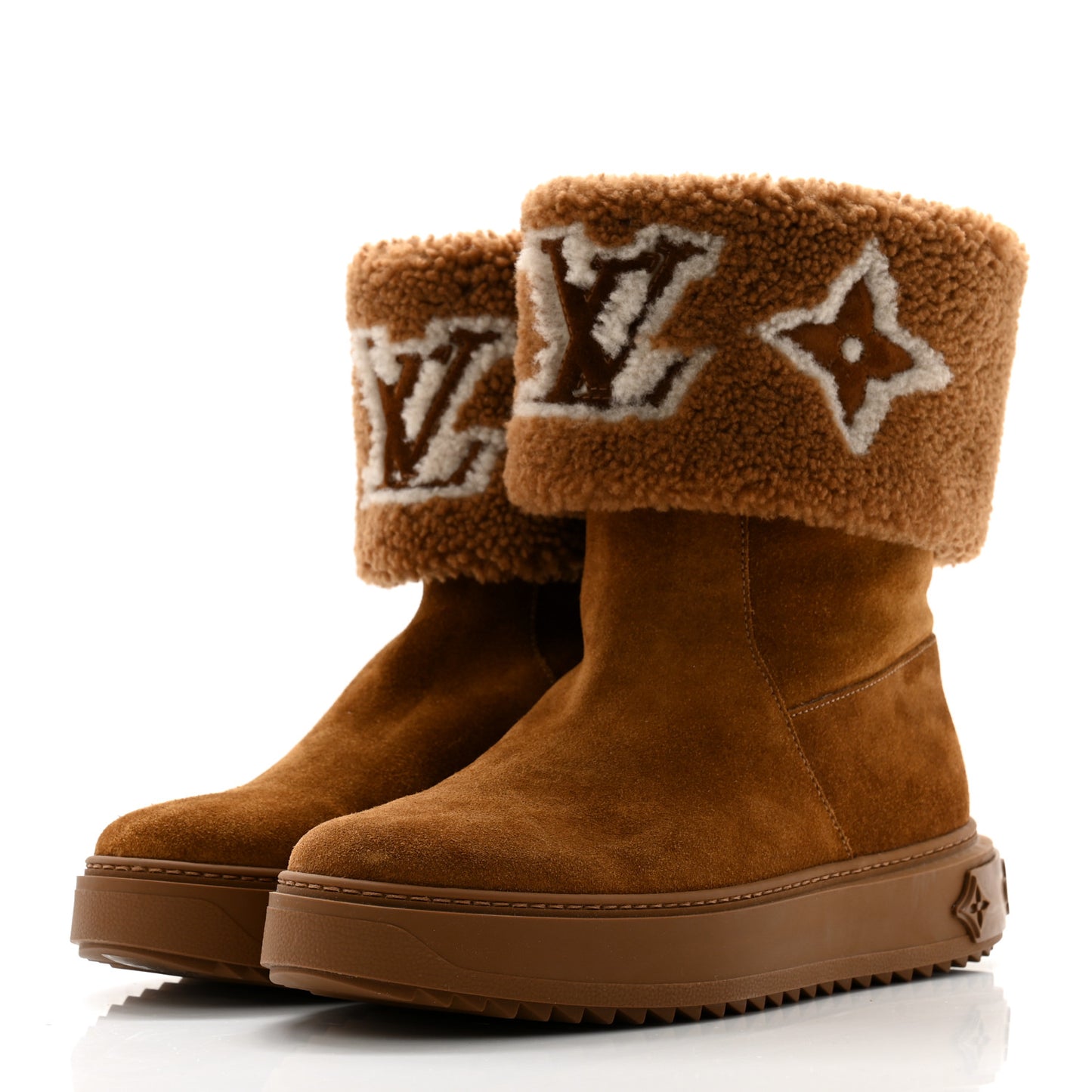Suede Calfskin Shearling Snowdrop Flat Ankle Boot 38 Cognac