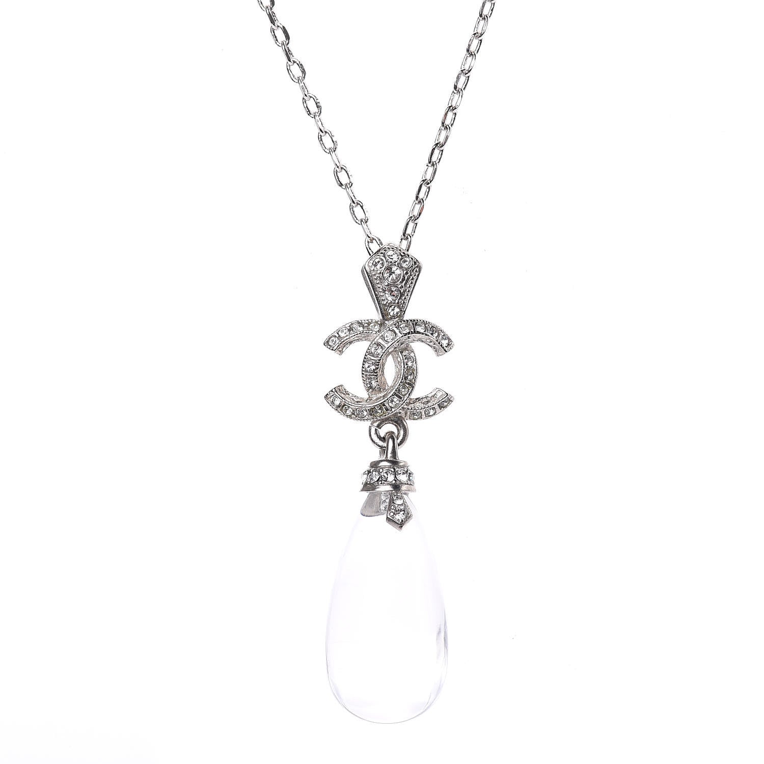 Chanel Crystal Resin CC Drop Pendant Necklace Silver 4 of 6