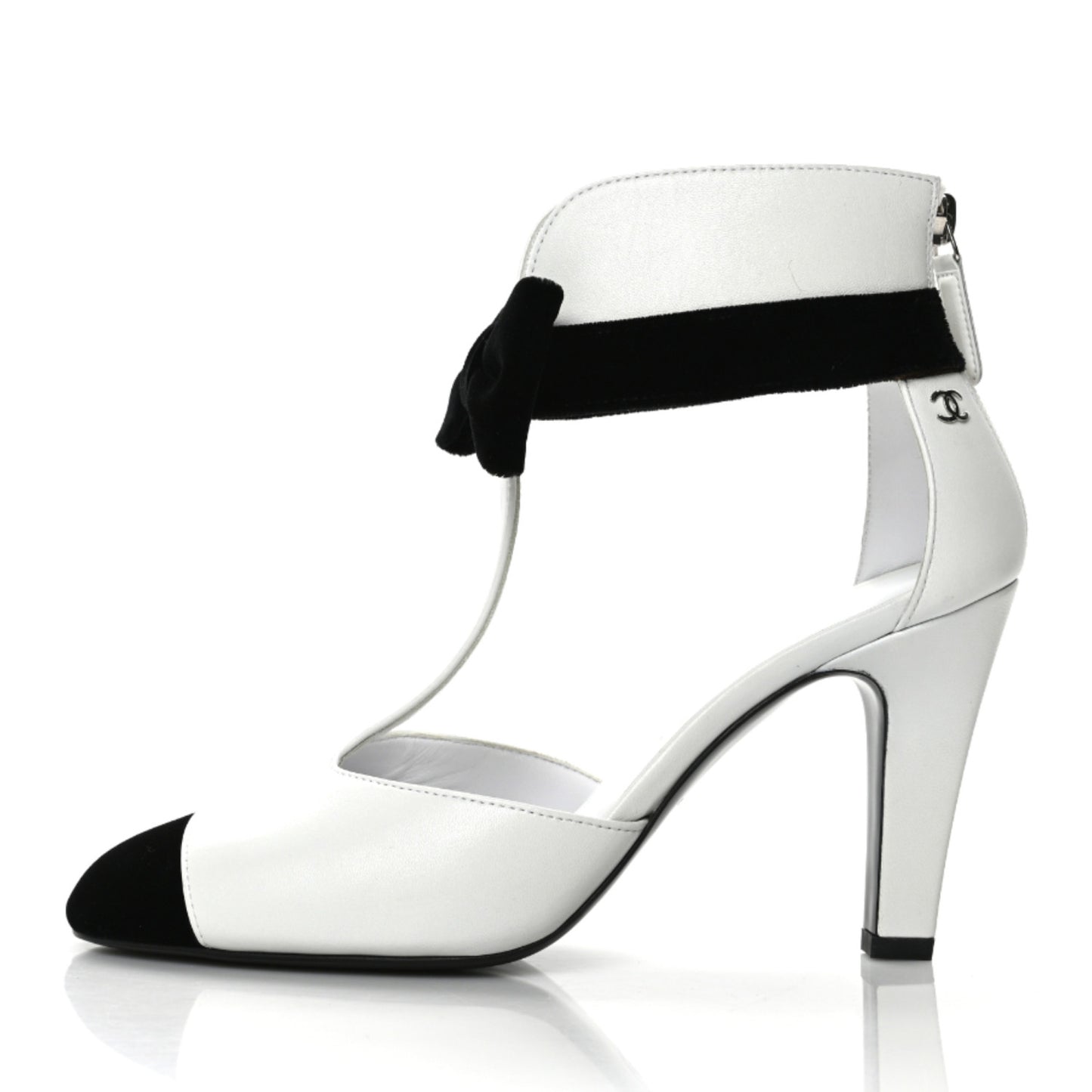Lambskin Velvet Cap Toe Bow Pumps 36 Black White