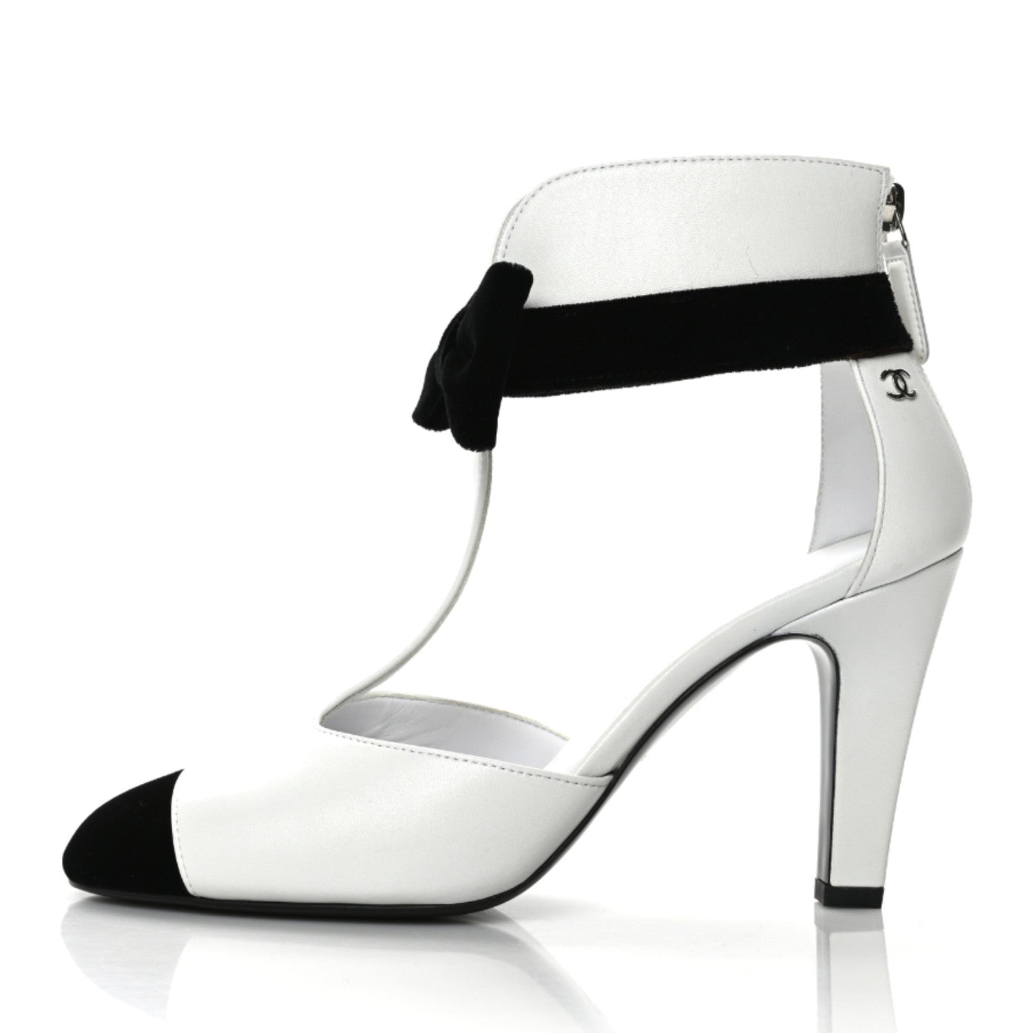 Chanel Lambskin Velvet Cap Toe Bow Pumps 36 Black White 1 of 9