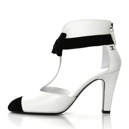 Chanel Lambskin Velvet Cap Toe Bow Pumps 36 Black White 1 of 9