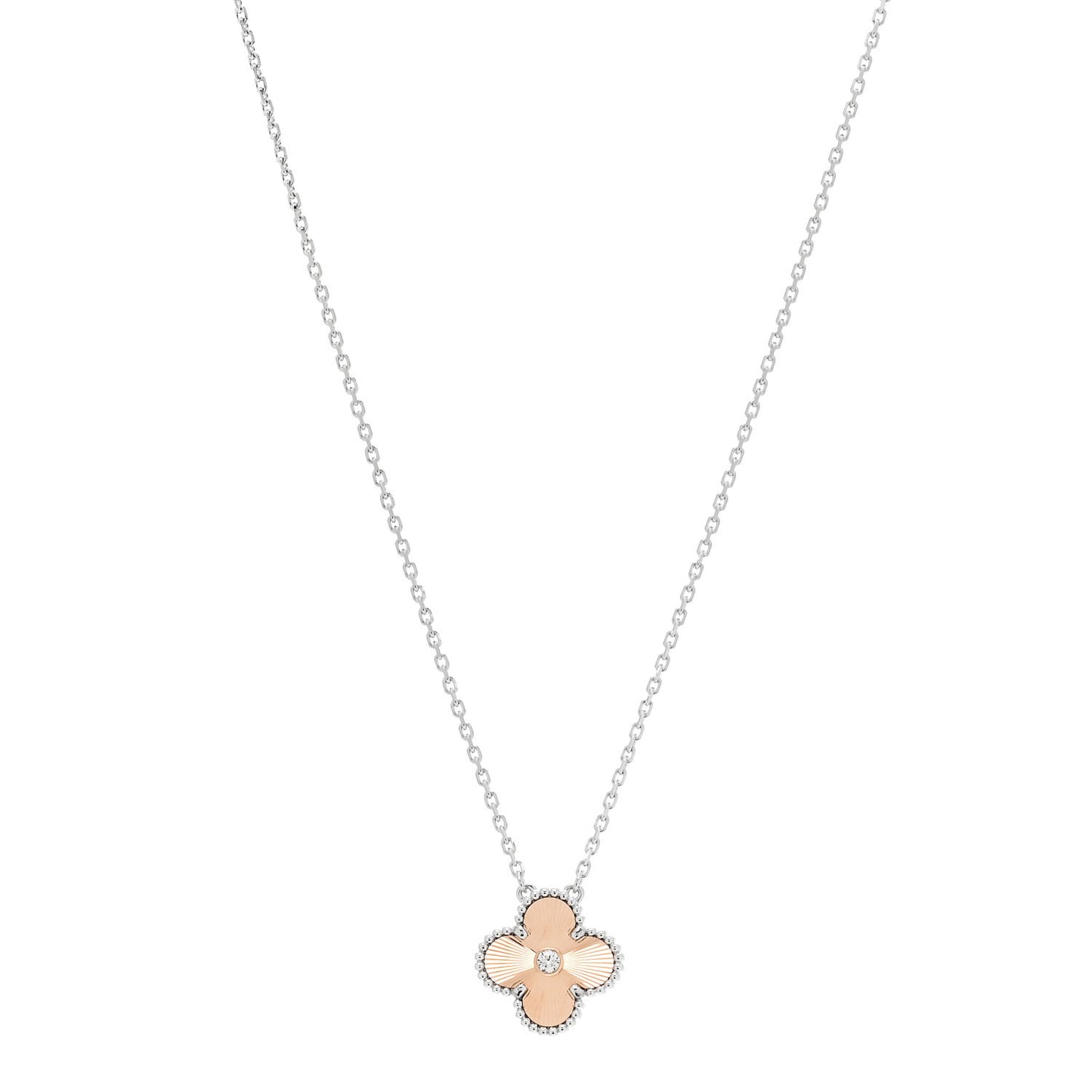 18K White Rose Gold Diamond Guilloche Vintage Alhambra Pendant Necklace