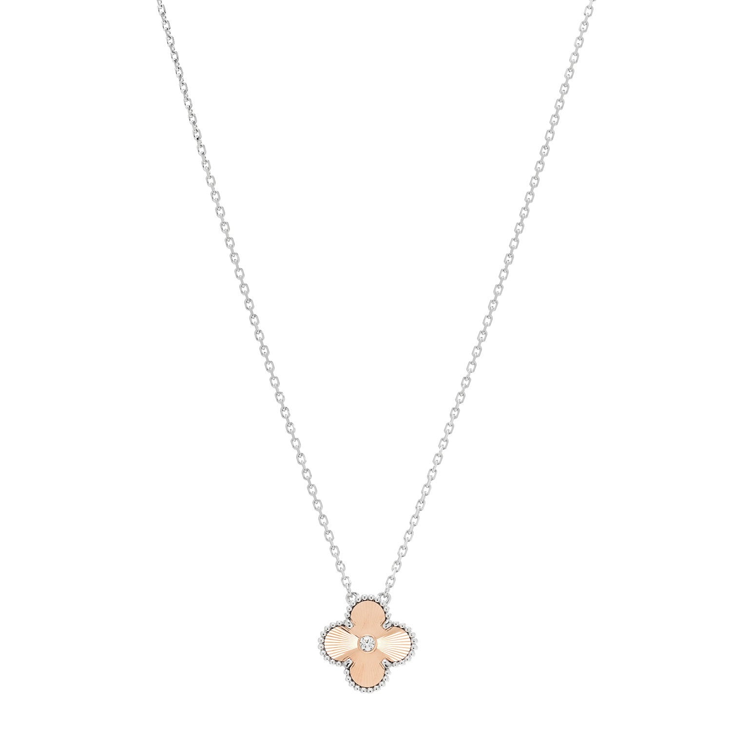 Van Cleef & Arpels 18K White Rose Gold Diamond Guilloche Vintage Alhambra Pendant Necklace 1 of 6