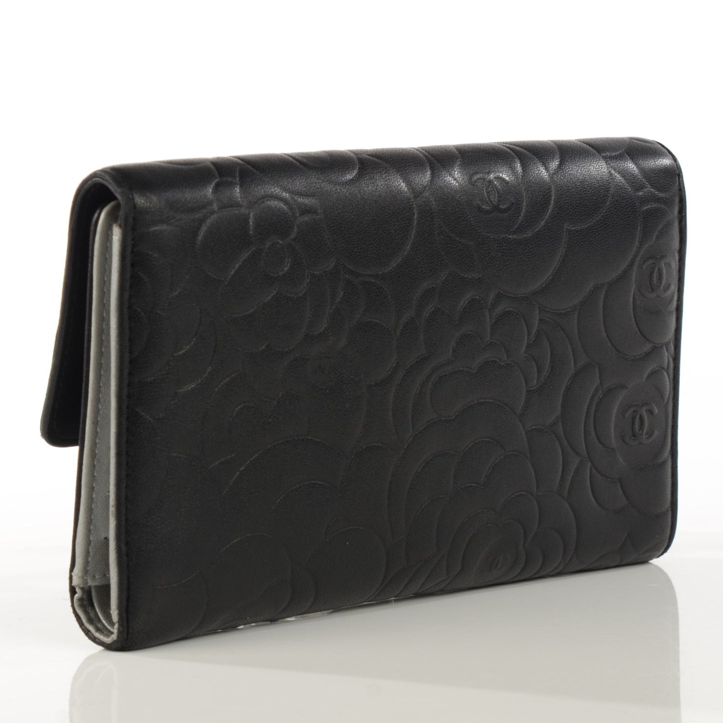 Lambskin Embossed Camellia Large Gusset Flap Wallet Black