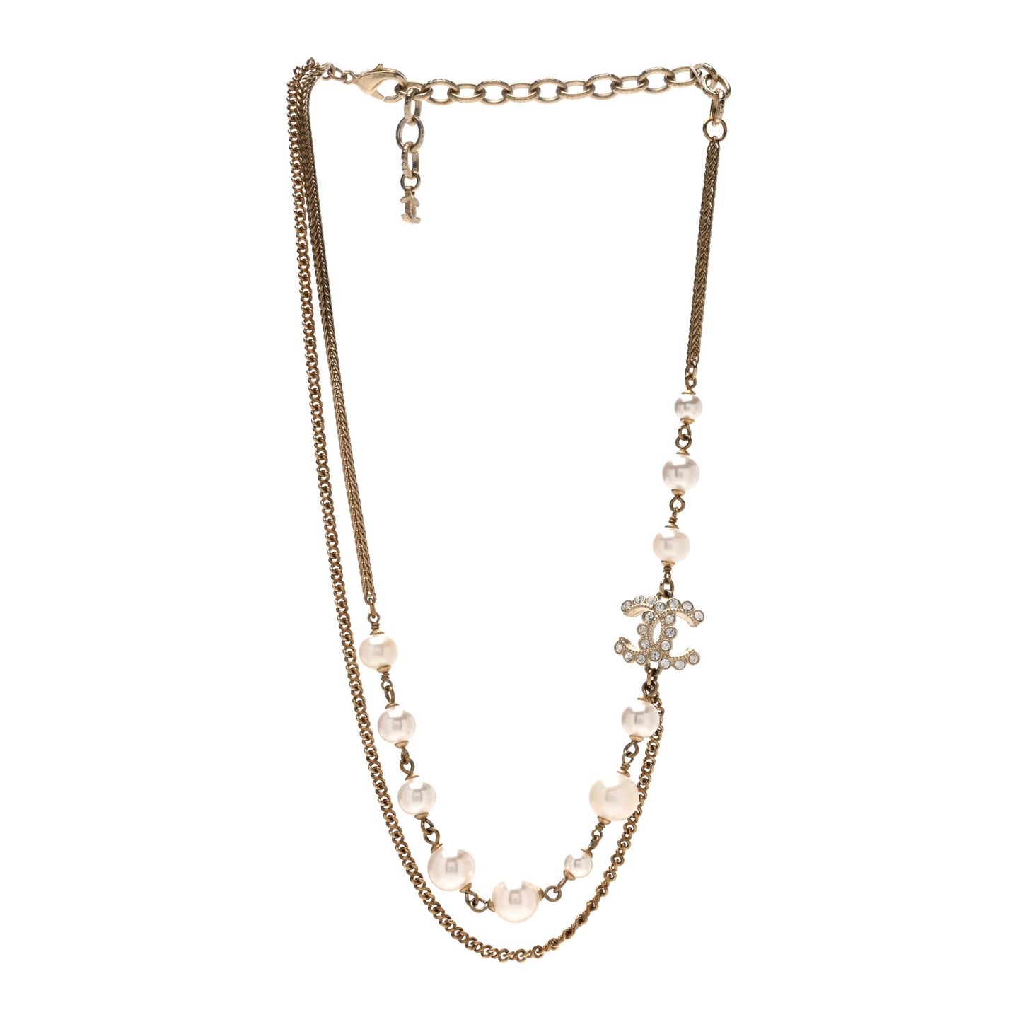 Crystal Pearl CC Necklace Gold