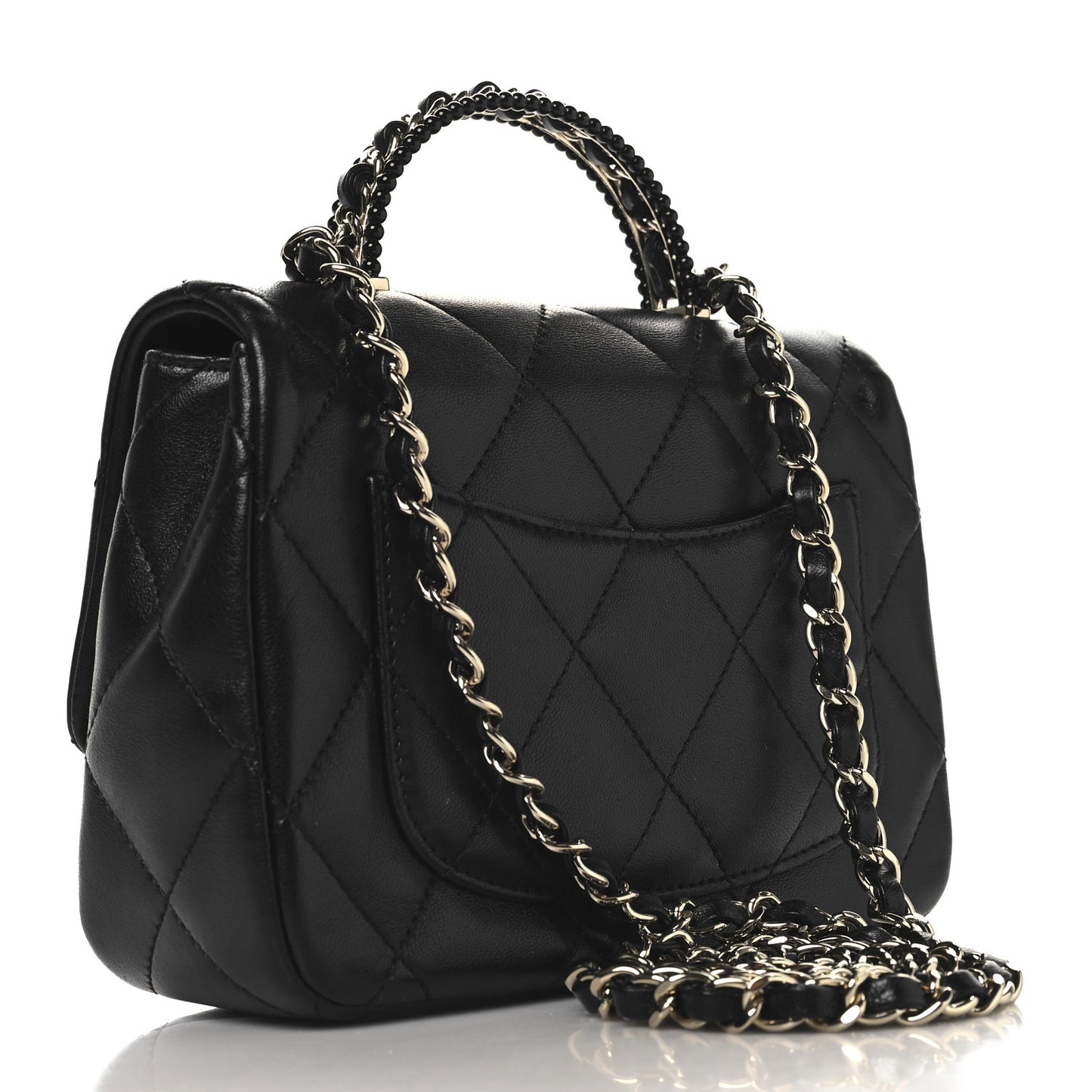 Lambskin Quilted Resin Pearl Chain Top Handle Flap Black