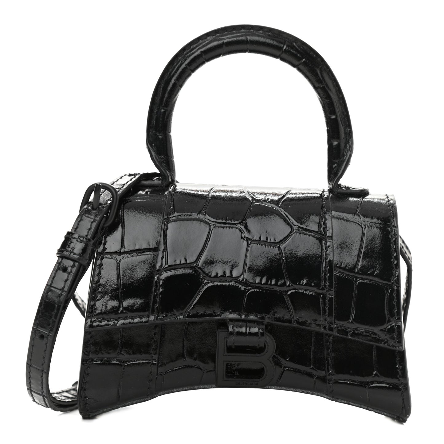 Shiny Calfskin Monochrome Crocodile Embossed Hourglass Top Handle Bag Mini Black