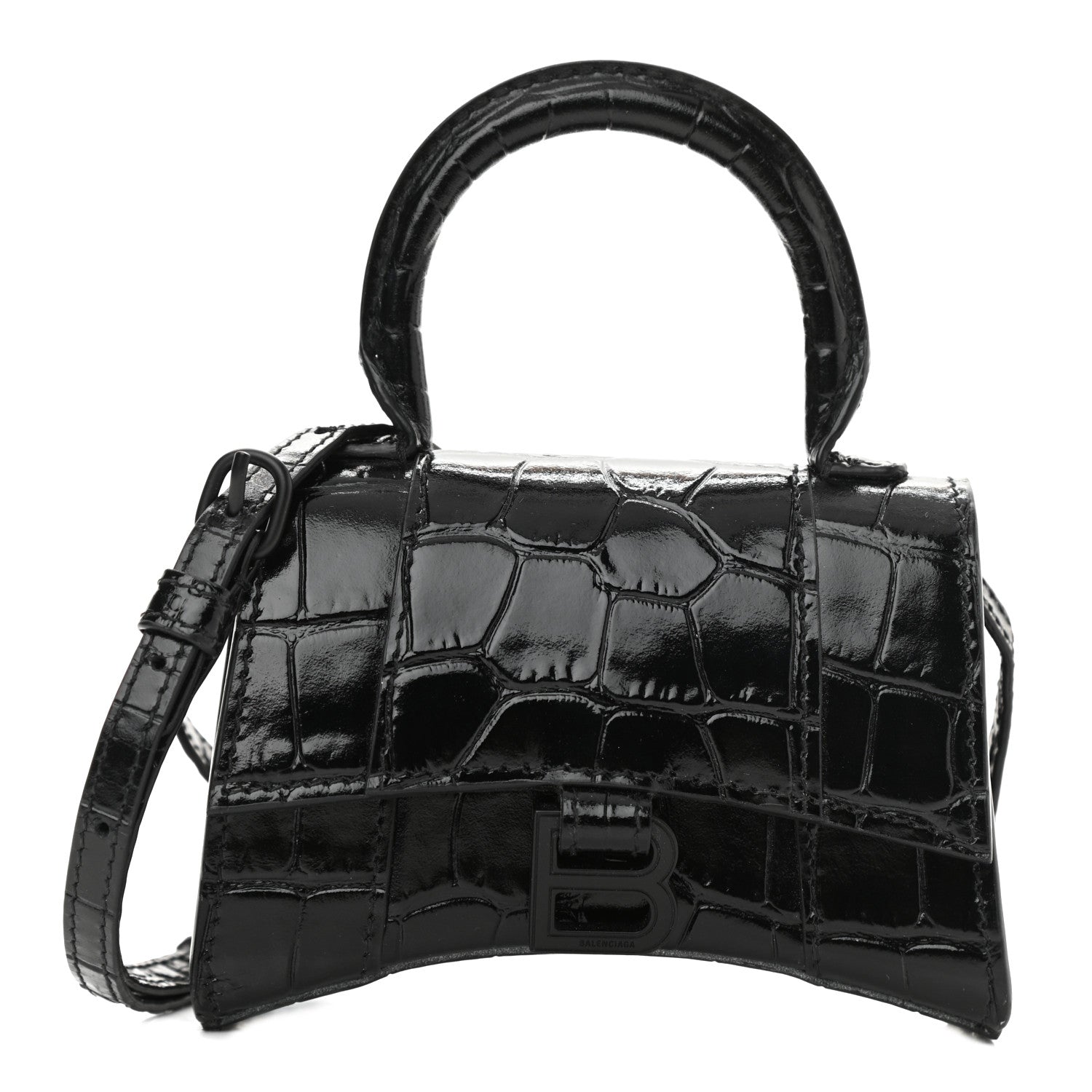 Balenciaga Shiny Calfskin Monochrome Crocodile Embossed Hourglass Top Handle Bag Mini Black 1 of 9