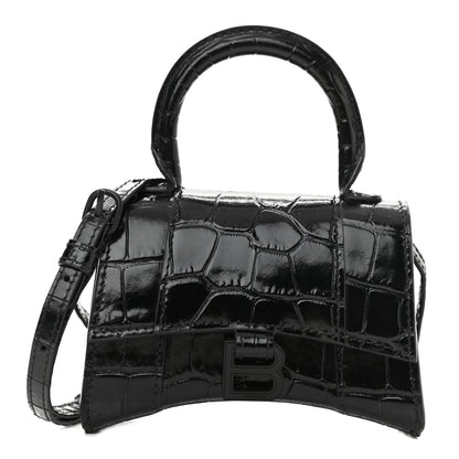 Balenciaga Shiny Calfskin Monochrome Crocodile Embossed Hourglass Top Handle Bag Mini Black 1 of 9