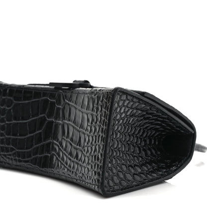 Balenciaga Shiny Calfskin Monochrome Crocodile Embossed Small Hourglass Top Handle Bag Black 8 of 9