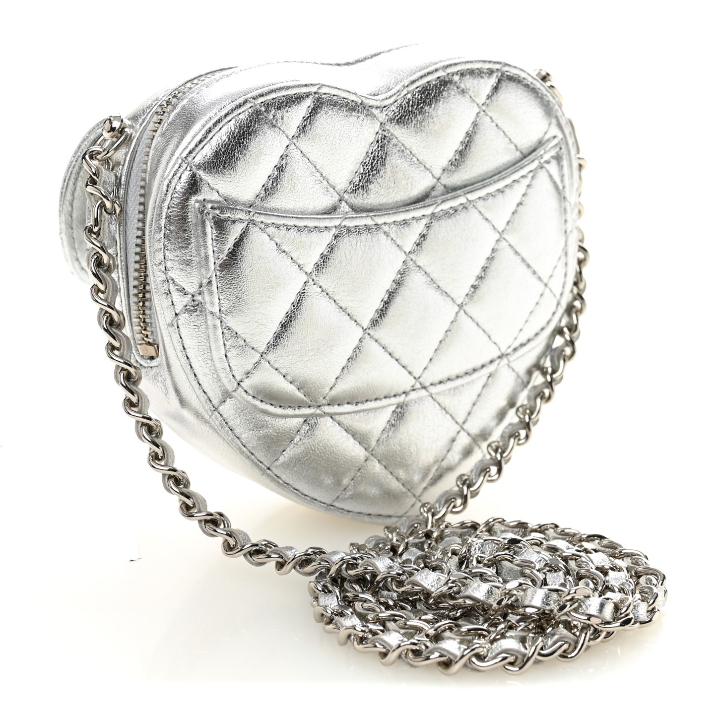 Metallic Lambskin Quilted CC In Love Heart Clutch With Chain Silver