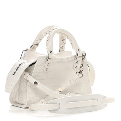 Balenciaga Extra Supple Calfskin Crocodile Embossed Neo Classic Silver Hardware Mini City White 3 of 11