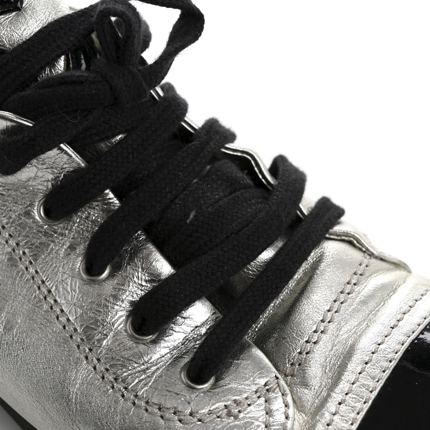 Metallic Lambskin Patent Cap Toe CC Sneakers 38.5 Silver Black