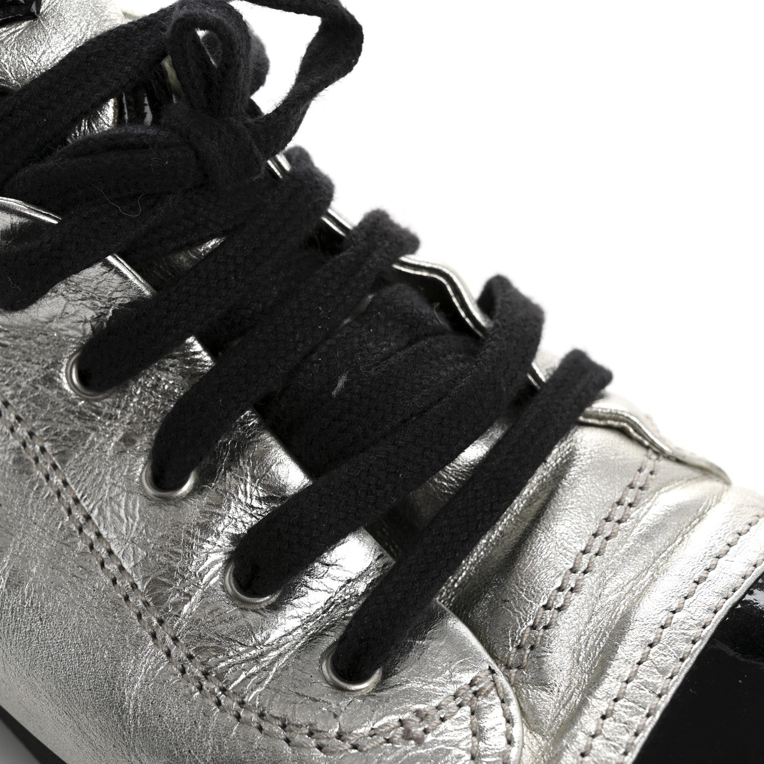 Chanel Metallic Lambskin Patent Cap Toe CC Sneakers 38.5 Silver Black 11 of 12