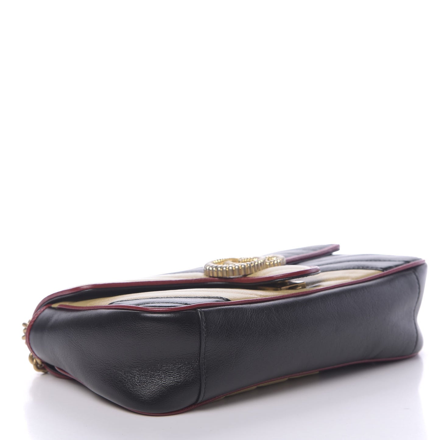 Vintage Effect Calfskin Matelasse Diagonal Striped Small Torchon GG Marmont Shoulder Bag Black Beige