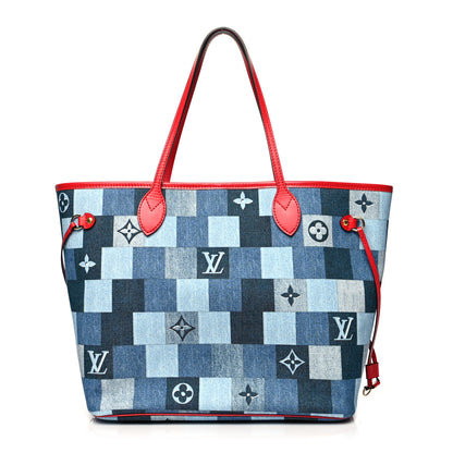 Louis Vuitton Denim Damier Monogram Patchwork Neverfull Blue Rouge 3 of 12