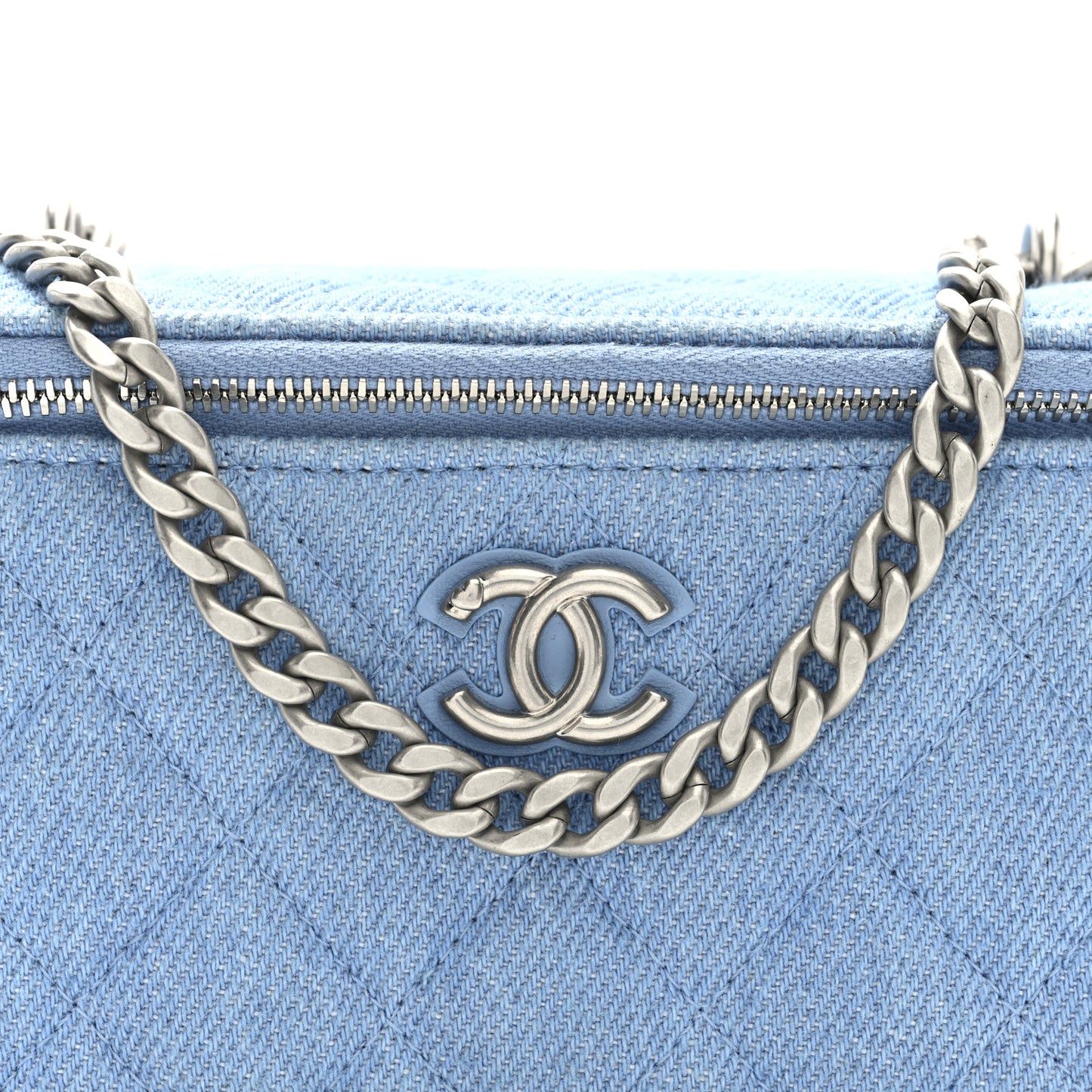 Denim Quilted Sweetheart Small Vanity Case With Chain Blue