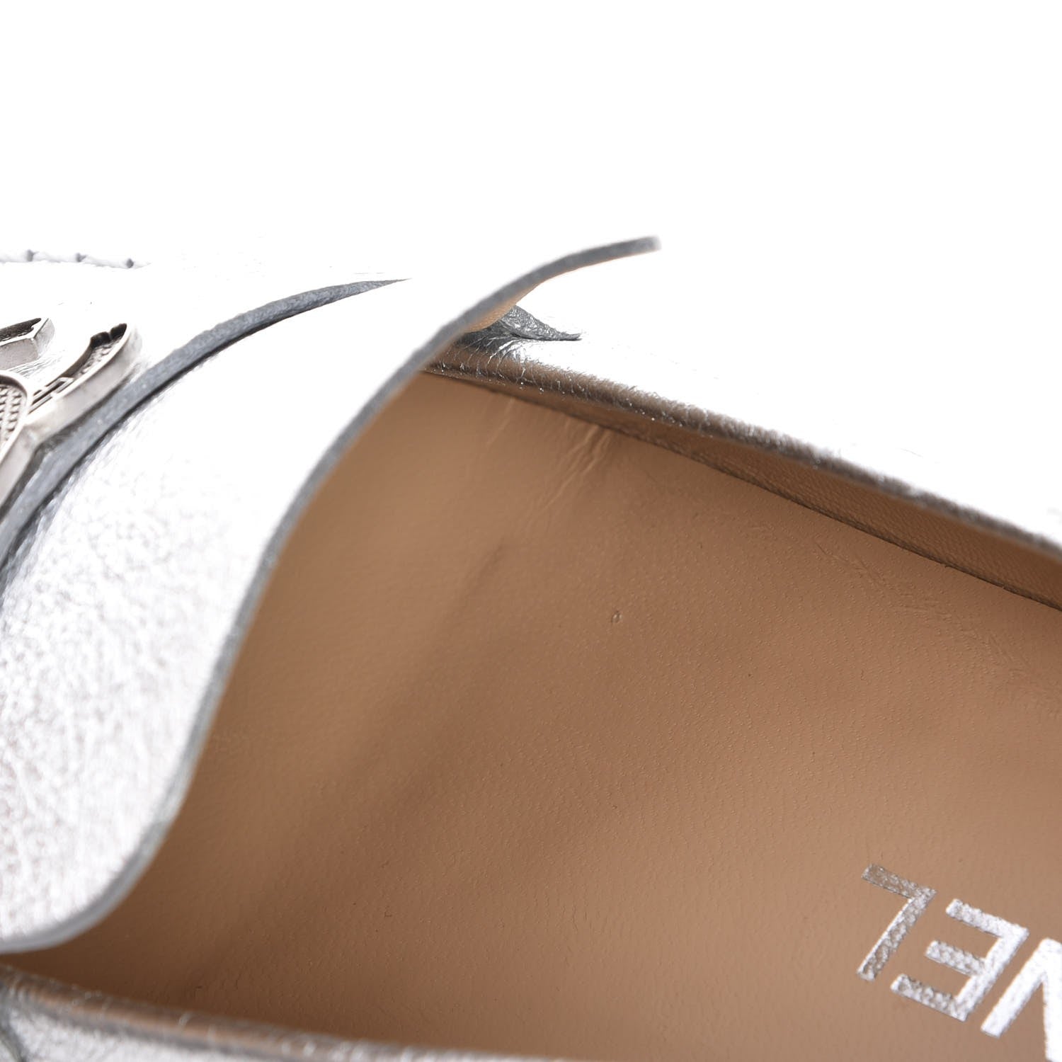 Chanel Crackled Goatskin Laminated CC Loafers 39 Silver 10 of 10