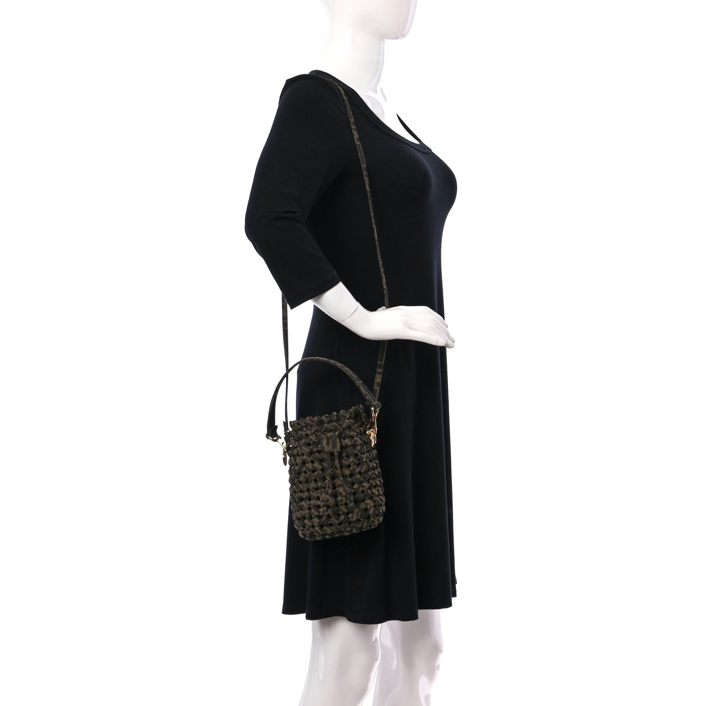 Fabric Jacquard F is Fendi FF 1974 Woven Knotted Mini Mon Tresor Bucket Bag Tabacco Moro