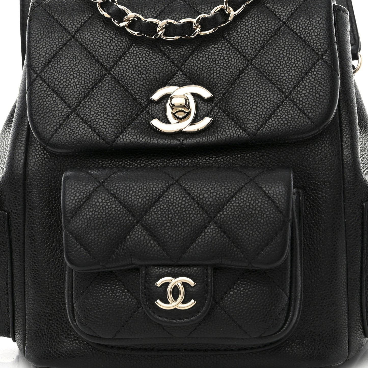 Shiny Caviar Quilted Small Pockets Drawstring Backpack Black