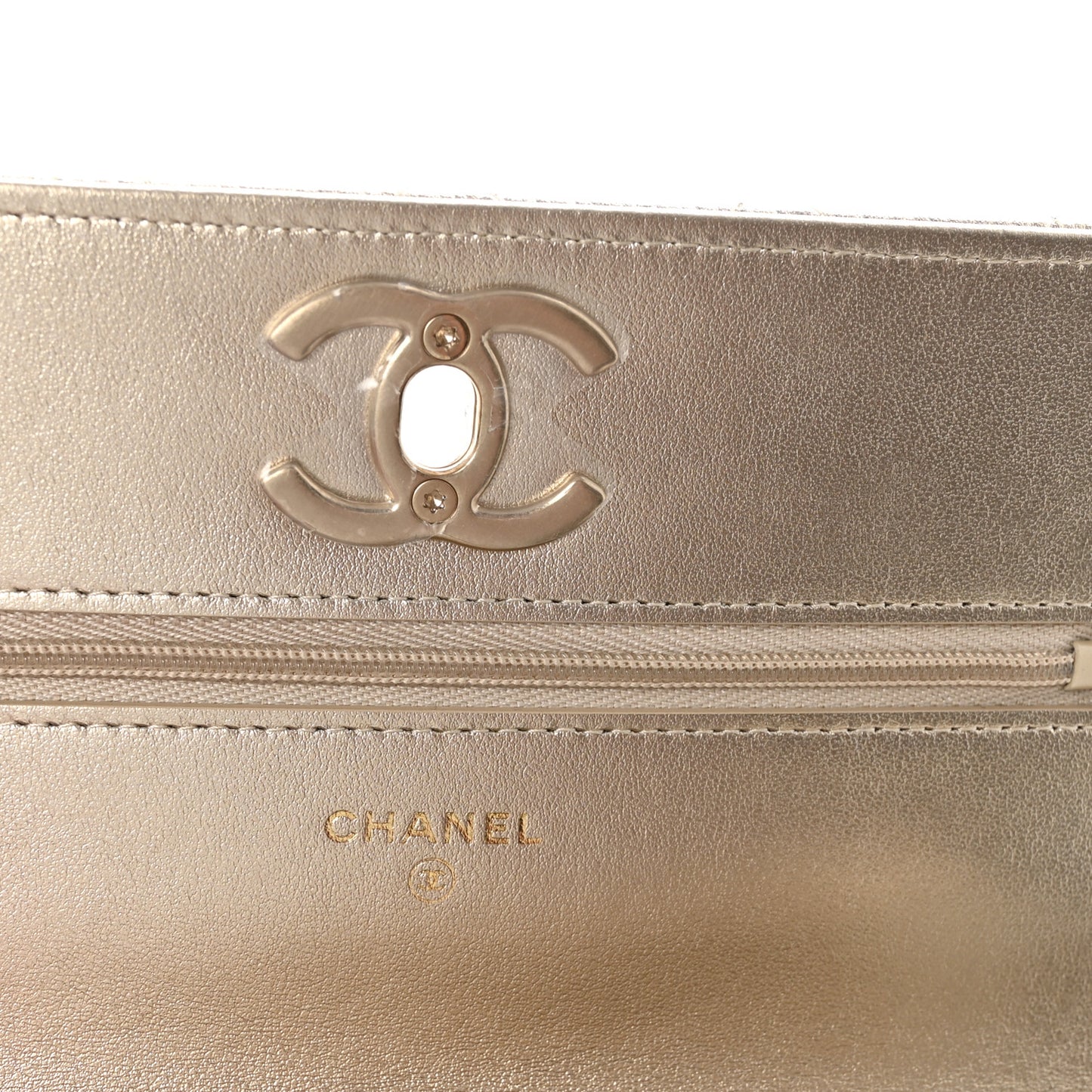 Metallic Caviar Quilted CC Crush Wallet On Chain WOC Light Gold