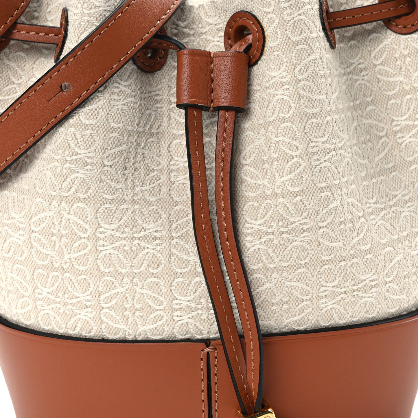 Calfskin Jacquard Linen Anagram Embroidered Mini Balloon Bucket Bag Ecru Tan