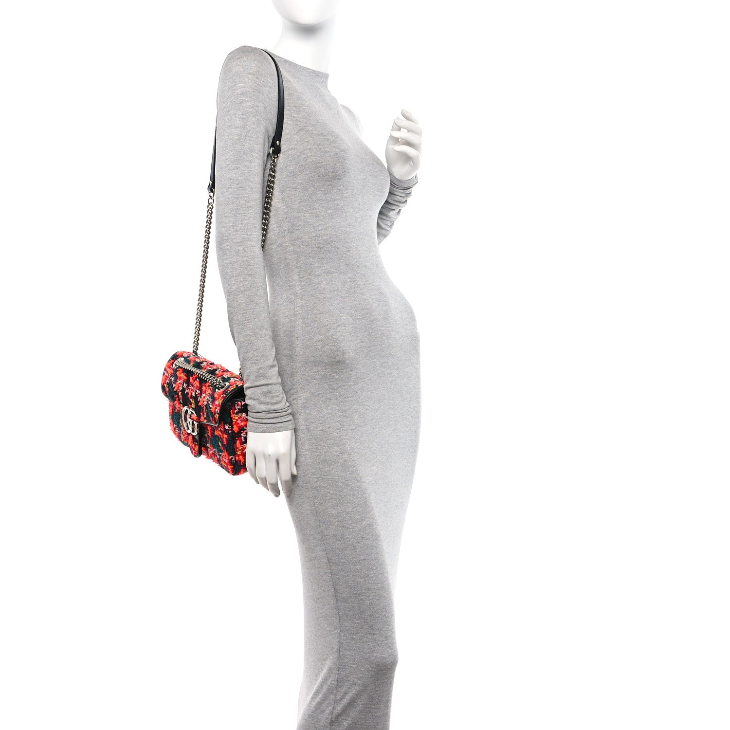 Gucci Tweed Check Poule Calfskin Small GG Marmont Shoulder Bag Pink Petroleum Multicolor Black 2 of 11