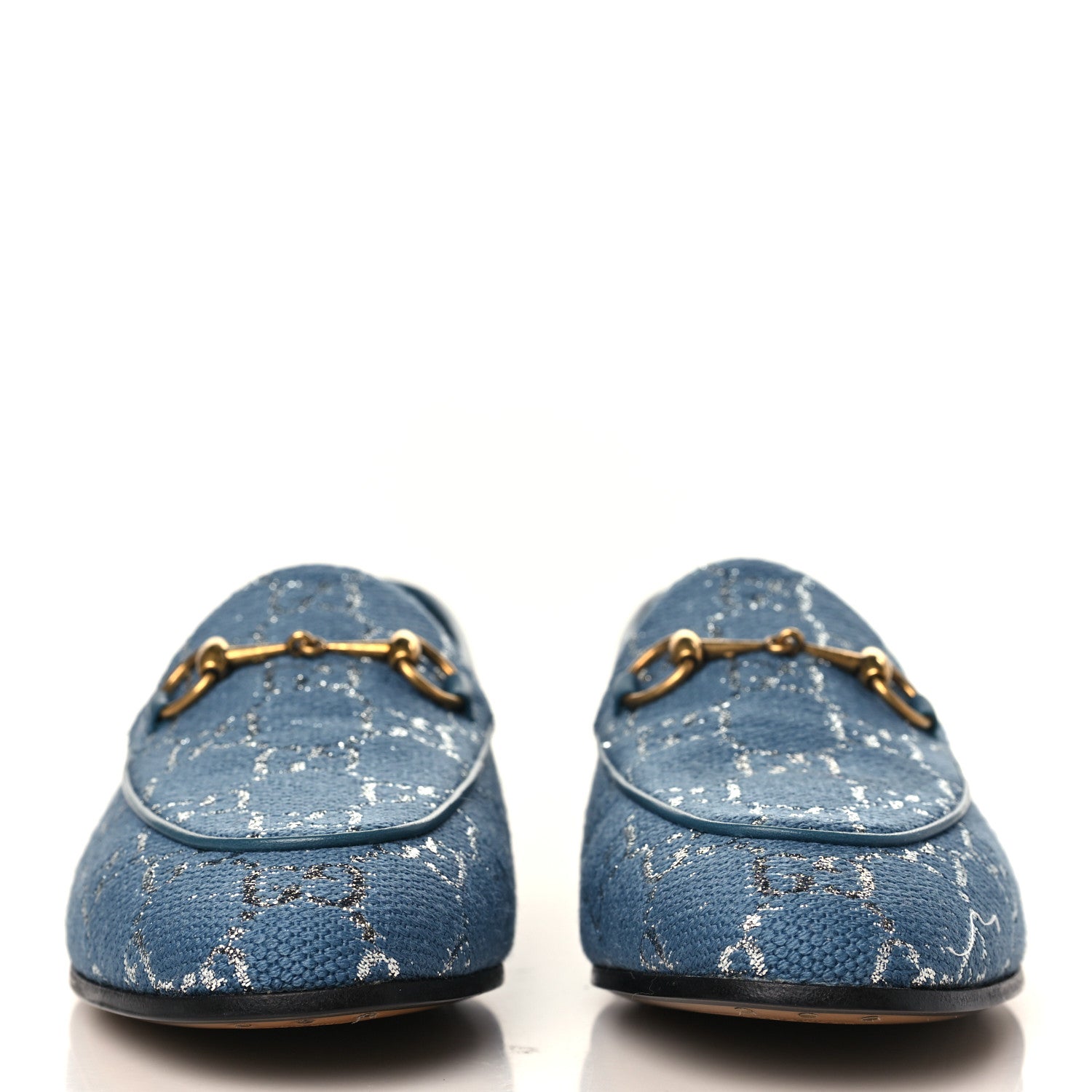 Gucci Canvas Lame GG Monogram Horsebit Womens Jordaan Loafers 38 Blue Silver Cornflower Blue 2 of 9