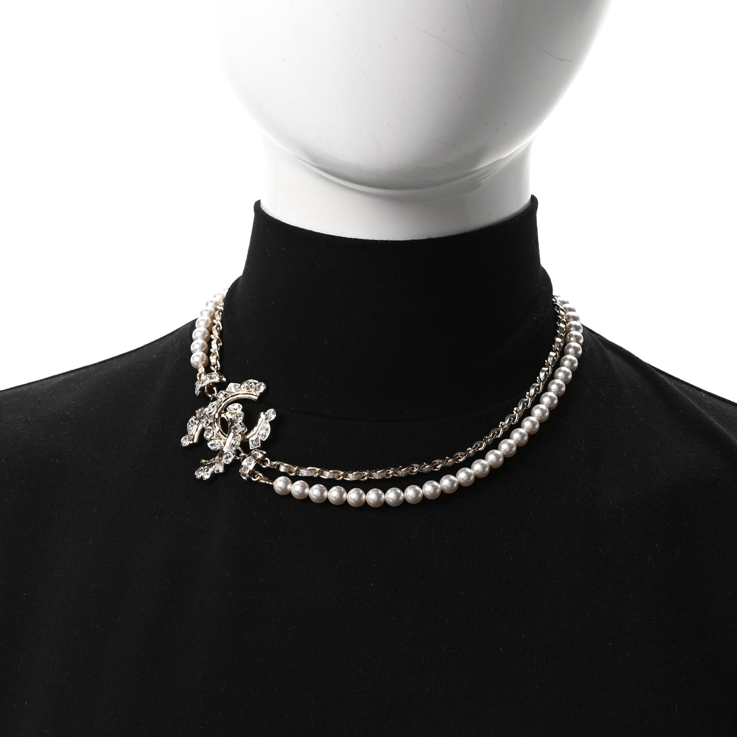 Metallic Lambskin Pearl Crystal CC Choker Necklace Gold Light Grey