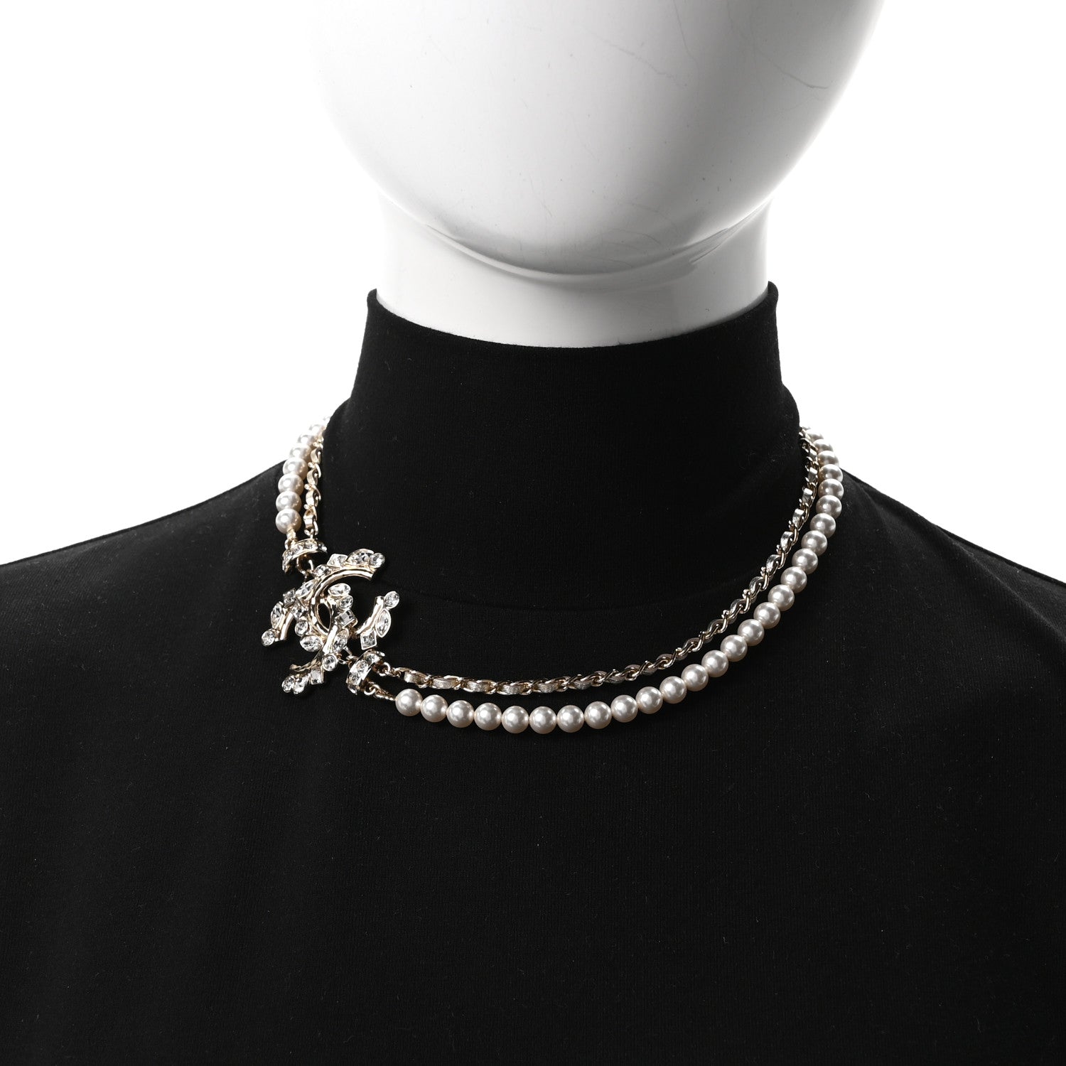 Chanel Metallic Lambskin Pearl Crystal CC Choker Necklace Gold Light Grey 2 of 5