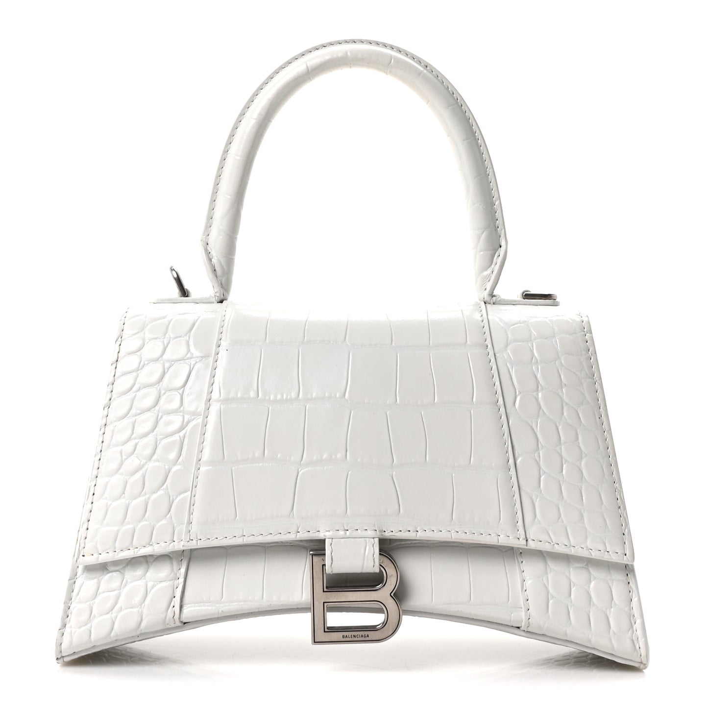 Shiny Calfskin Crocodile Embossed Small Hourglass Top Handle Bag White