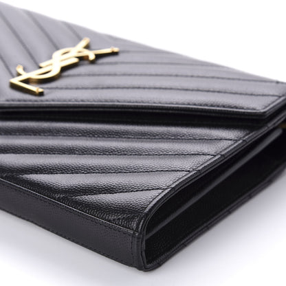 Saint Laurent Grain De Poudre Matelasse Chevron Monogram Chain Wallet Black 7 of 9