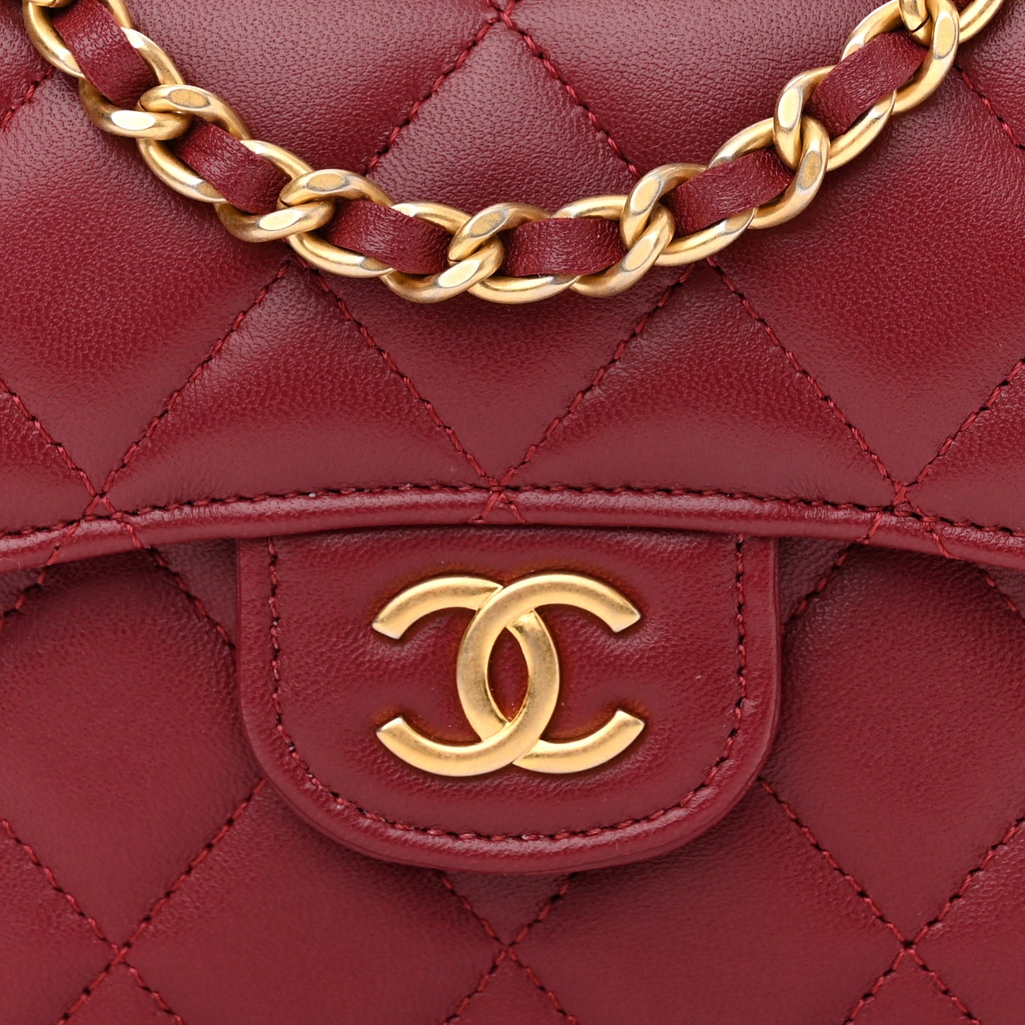 Lambskin Quilted Top Handle Flap Coin Purse With Chain Burgundy