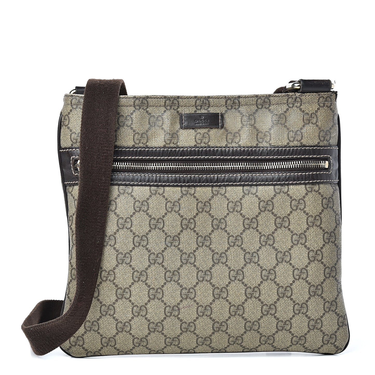 GG Supreme Monogram Selleria Calfskin Small Flat Side Zip Messenger Bag Beige Ebony Cocoa Dark Chocolate