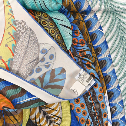 Hermes Silk Plumes En Fete Scarf 90 Blanc Turquoise Multicolor 3 of 3