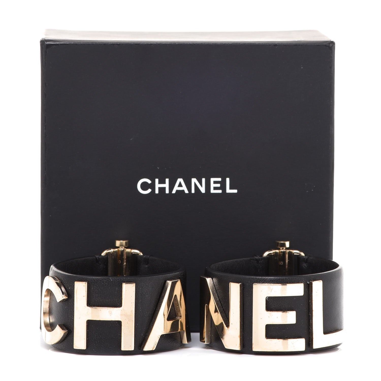 Chanel Lambskin Cha-Nel Logo Cuff Set S Gold Black 7 of 7