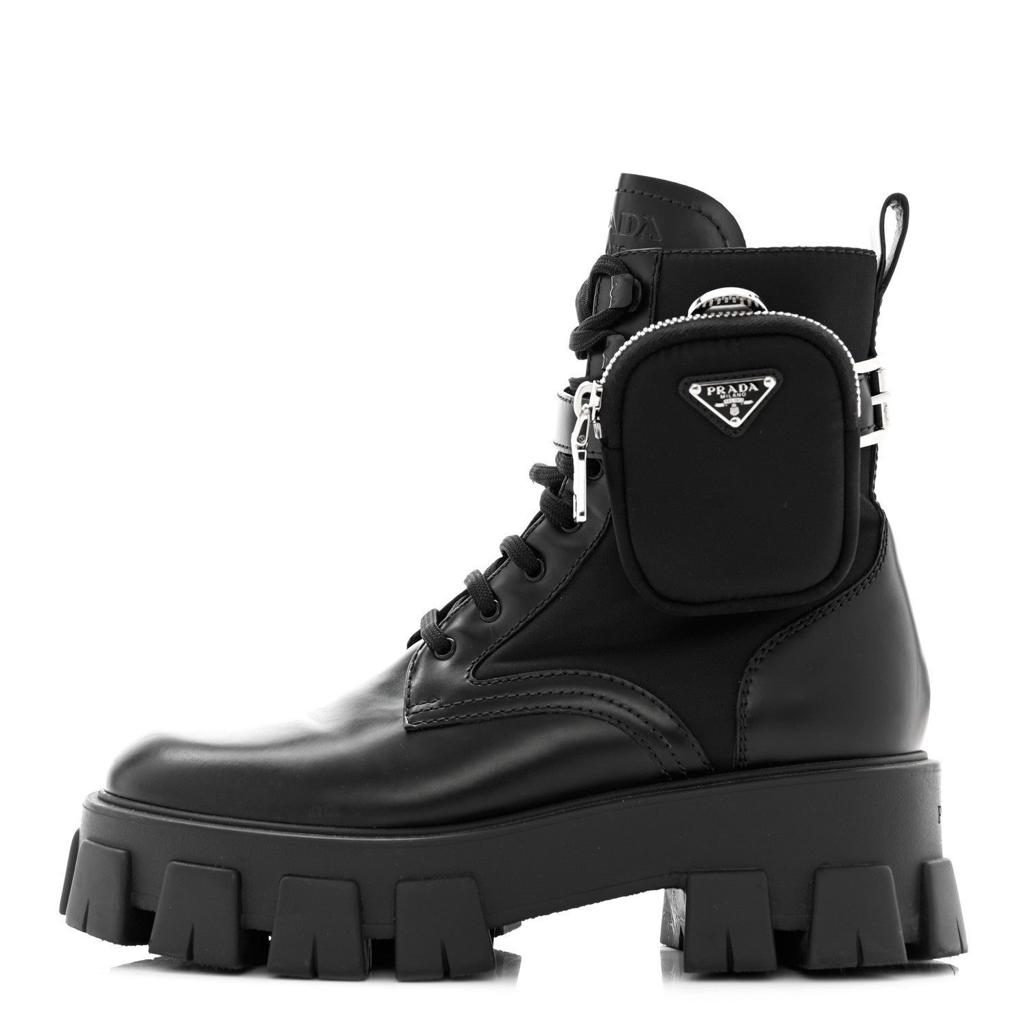 Prada Spazzolato Rois Nylon Metal Triangle Logo Monolith Pouch Pocket 55mm Boots 39 Black 1 of 13