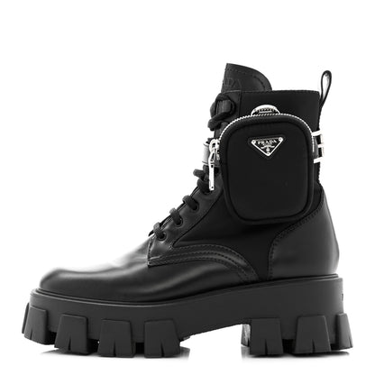 Prada Spazzolato Rois Nylon Metal Triangle Logo Monolith Pouch Pocket 55mm Boots 39 Black 1 of 13