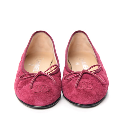 Chanel Suede Calfskin Quilted Cap Toe CC Ballerina Flats 35 Dark Pink 2 of 9