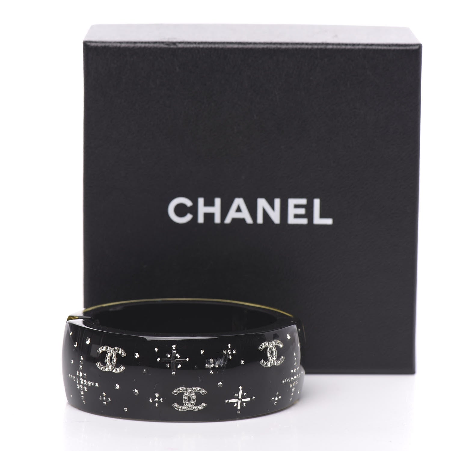 Chanel Resin Crystal Cuff Bangle Bracelet Black 6 of 6