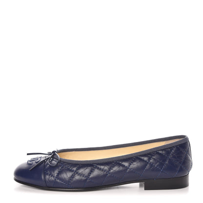 Chanel Aged Calfskin Quilted CC Cap Toe Ballerina Flats 37 Navy 1 of 10