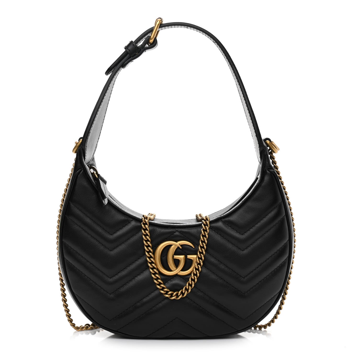 Gucci Calfskin Matelasse Chevron Mini GG Marmont Half Moon Hobo Black 1 of 10