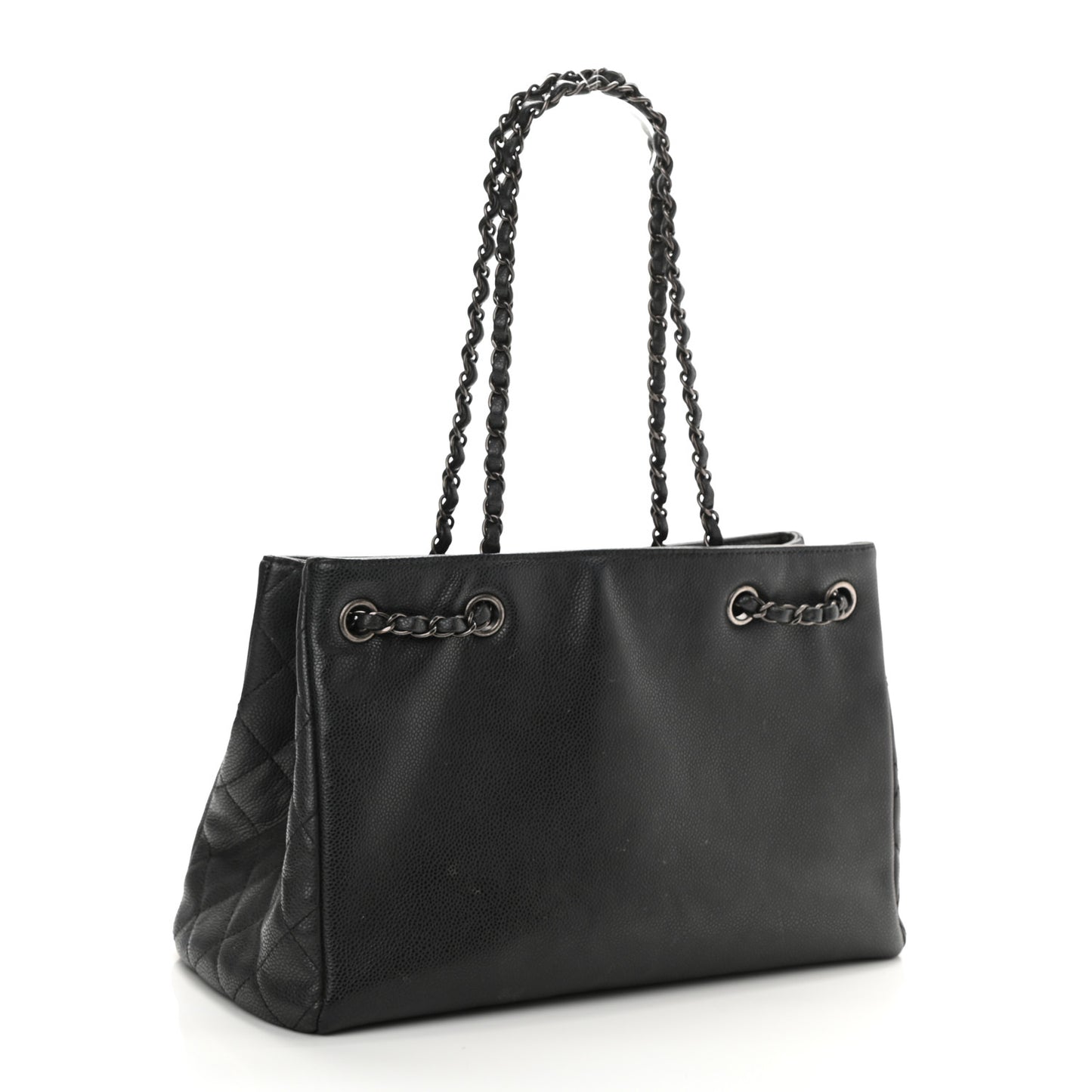 Grained Calfskin Woven Chain Medium Shopping Tote Black